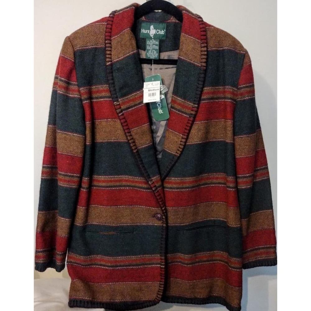 90s HUNT CLUB Wool Southwestern Blanket Jacket Green Red Oversized Riding M NWT